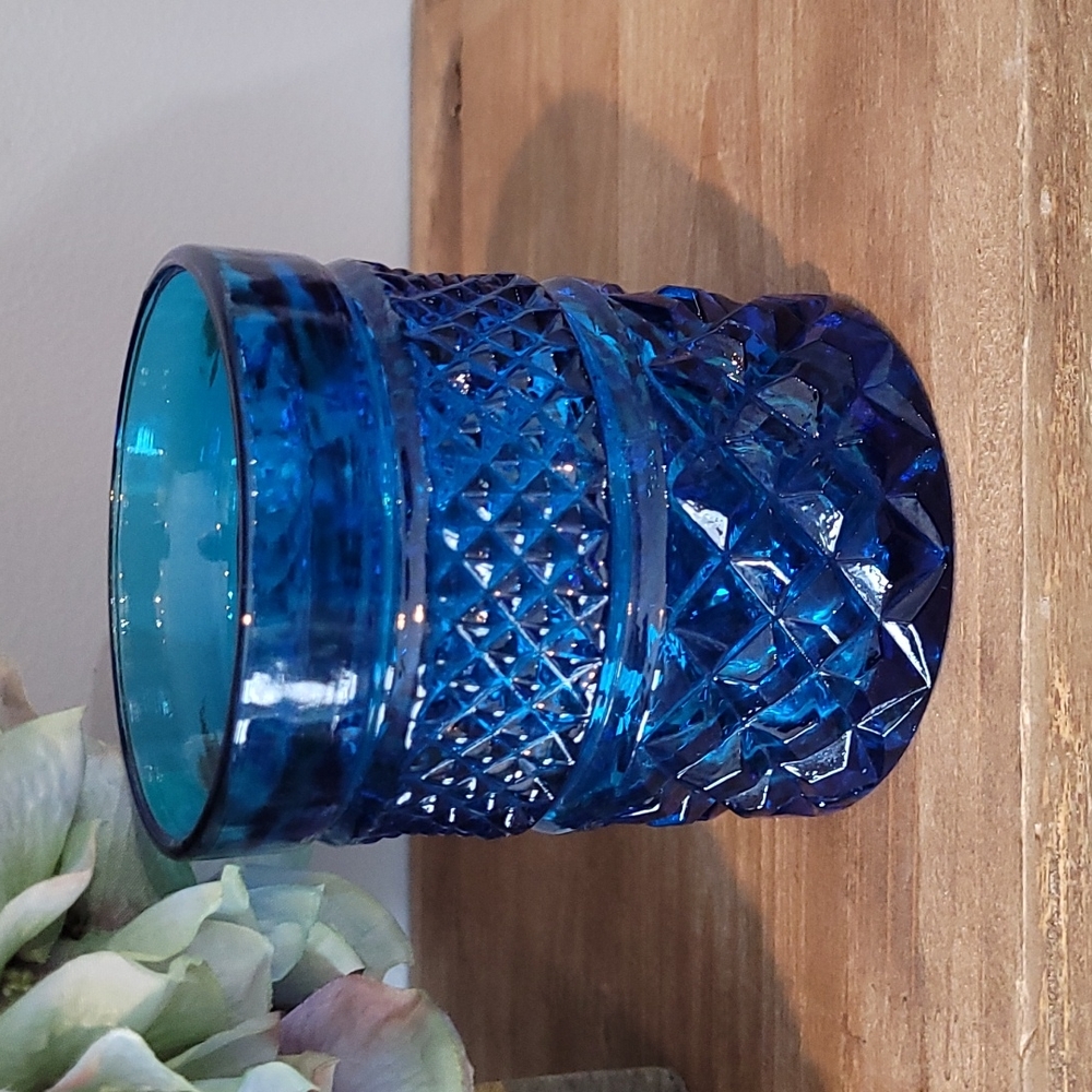 Vintage Anchor Hocking Blue Cut Glass Used As Candle Holder